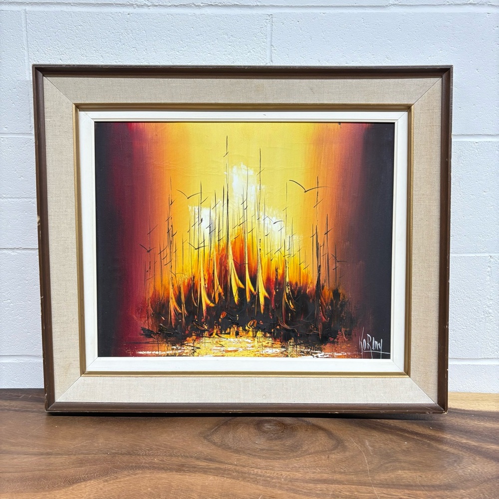 Original Signed J.C. Koreny Painting Mid century Modern Sailboats Water Sunset